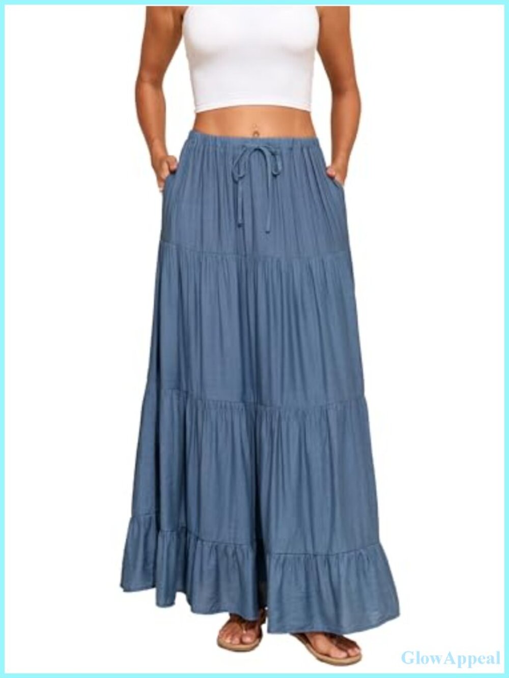 Flowy Tiered A-Line Maxi Skirt with Pockets, Elastic Waist, Boho